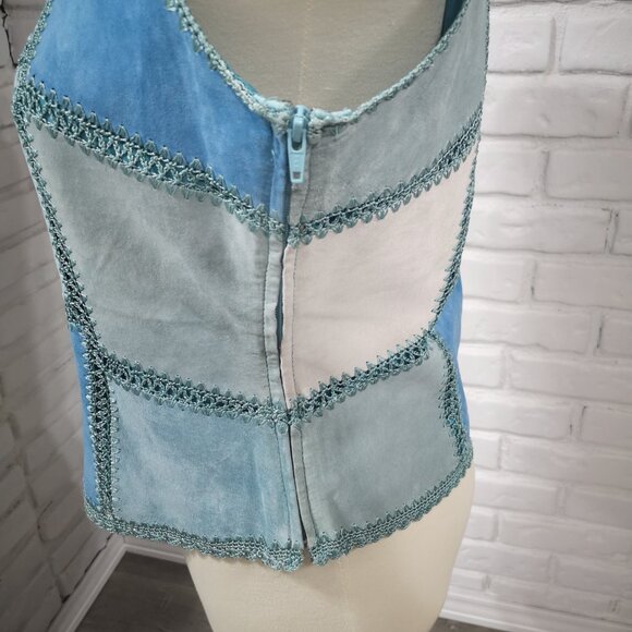 Danier Leather Ladies Size 10 Blue Teal & Off White Patchwork Lined Suede Vest - Picture 5 of 10